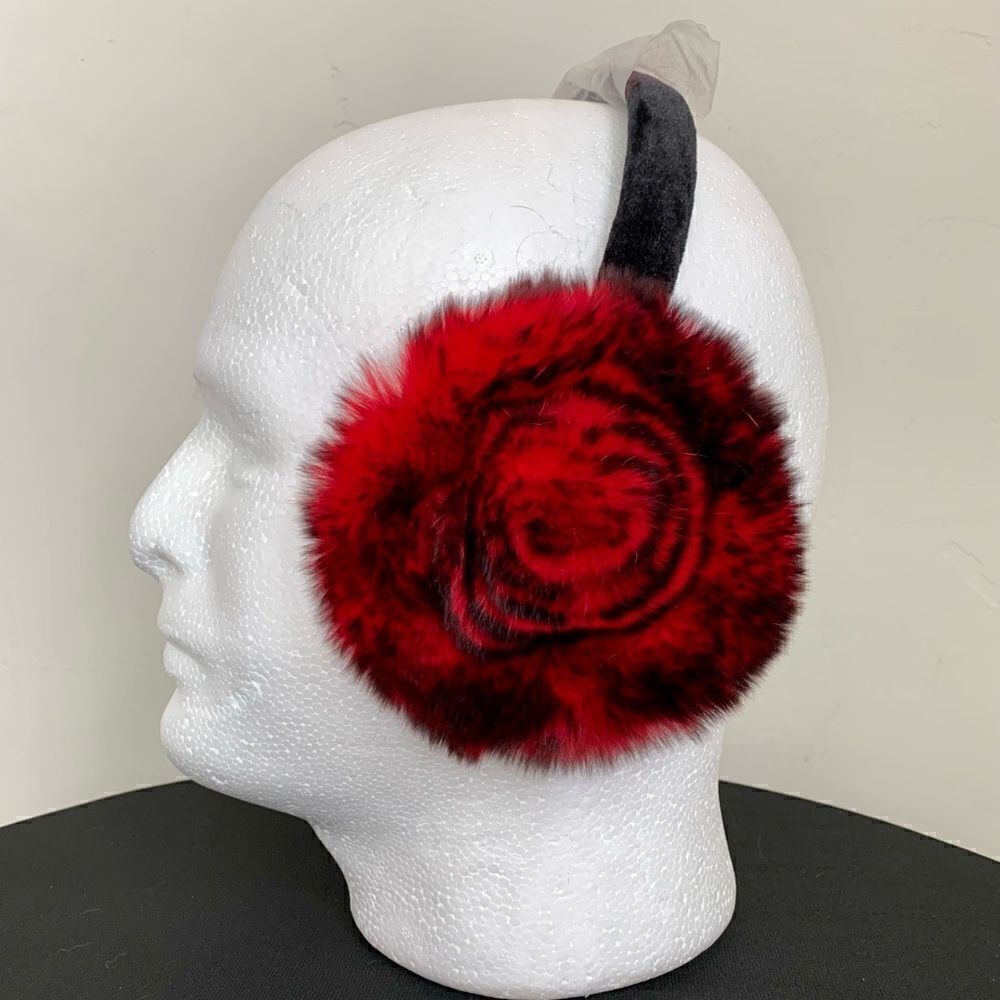Gradient Rex Rabbit Fur Rose Shaped Earmuffs with Velvet Band - Picture 2 of 12
